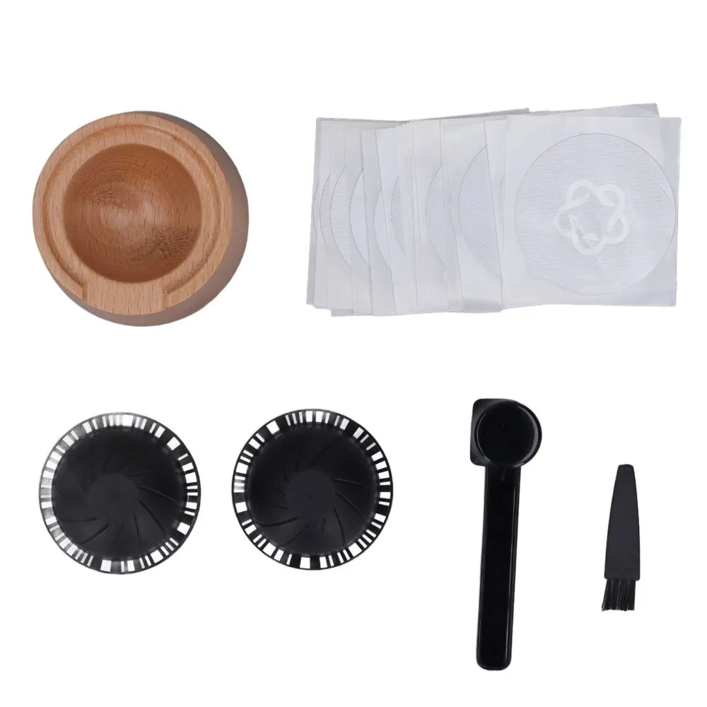 230ml Capacity Coffee Capsule Filter Cup Beech Wood Holder Aluminum Foil Lid Capsule Refill Holder Set With Spoon Brush