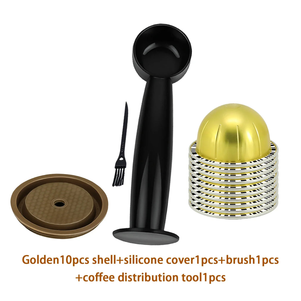 Gold reusable coffee capsule set, fitted with tamper, cleaning brush, spoon and silicone lid.
