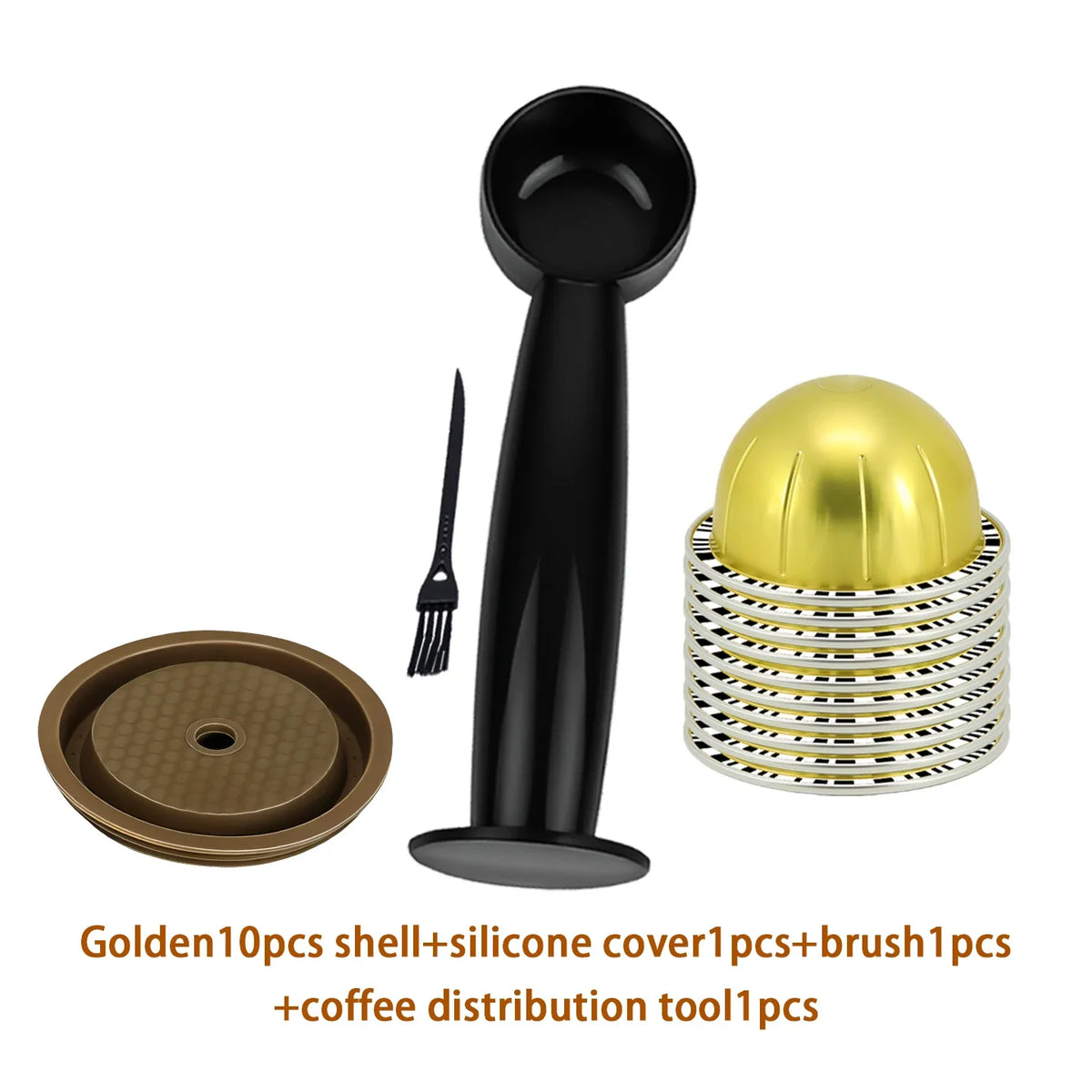 Gold reusable coffee capsule set, fitted with tamper, cleaning brush, spoon and silicone lid.