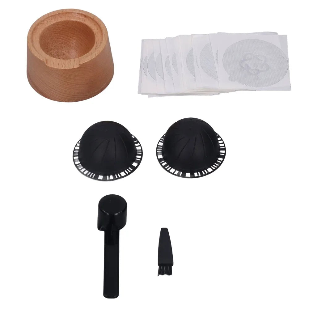 230ml Capacity Coffee Capsule Filter Cup Beech Wood Holder Aluminum Foil Lid Capsule Refill Holder Set With Spoon Brush