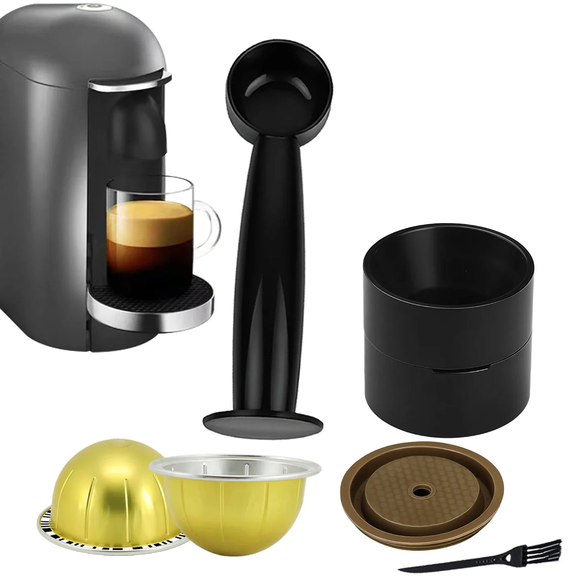 Gold reusable coffee capsule set, fitted with tamper, cleaning brush, spoon and silicone lid.