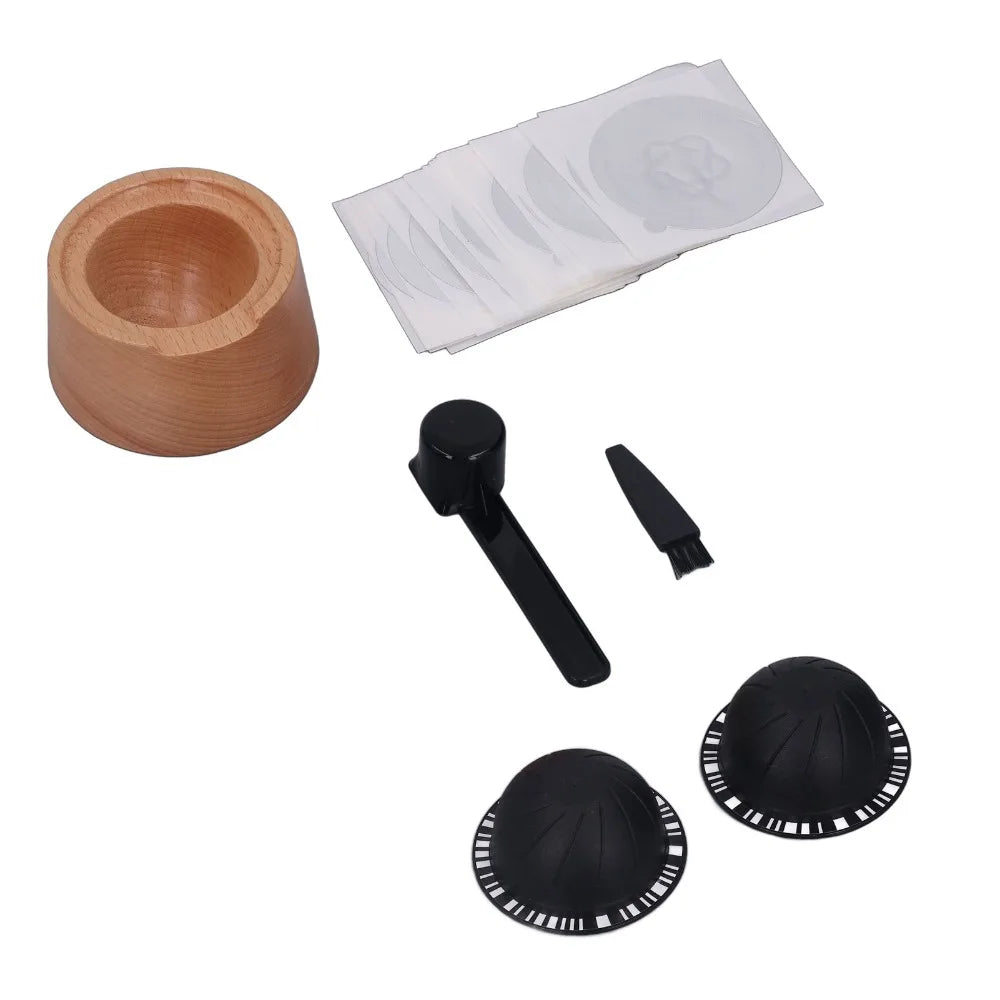 230ml Capacity Coffee Capsule Filter Cup Beech Wood Holder Aluminum Foil Lid Capsule Refill Holder Set With Spoon Brush