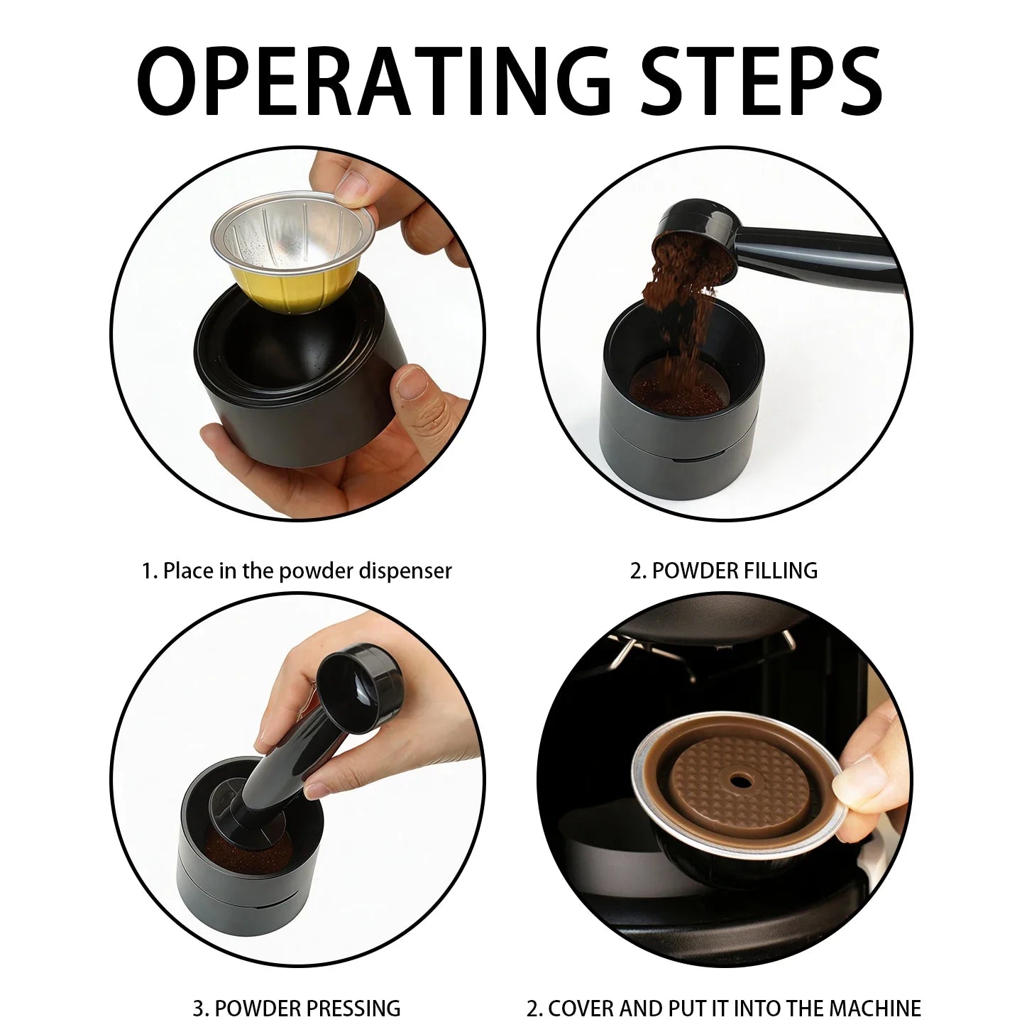 Gold reusable coffee capsule set, fitted with tamper, cleaning brush, spoon and silicone lid.