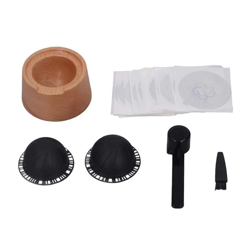 230ml Capacity Coffee Capsule Filter Cup Beech Wood Holder Aluminum Foil Lid Capsule Refill Holder Set With Spoon Brush