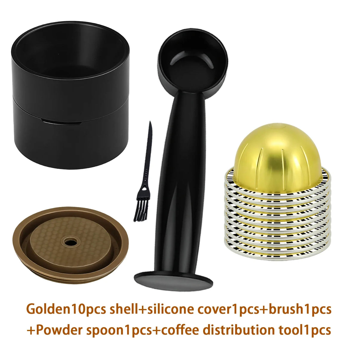 Gold reusable coffee capsule set, fitted with tamper, cleaning brush, spoon and silicone lid.